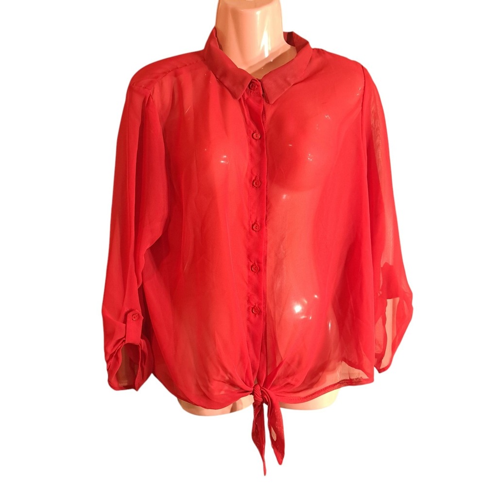 Objex Women's Sheer Collared Shirt Size 1X Red‎ Long Sleeves Button Up